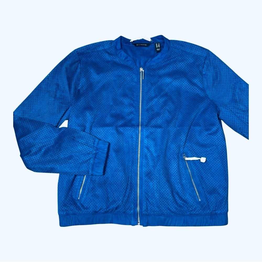 NWT New H By Halston Faux Suede Perforated Royal Blue Bomber Jacket Size 8